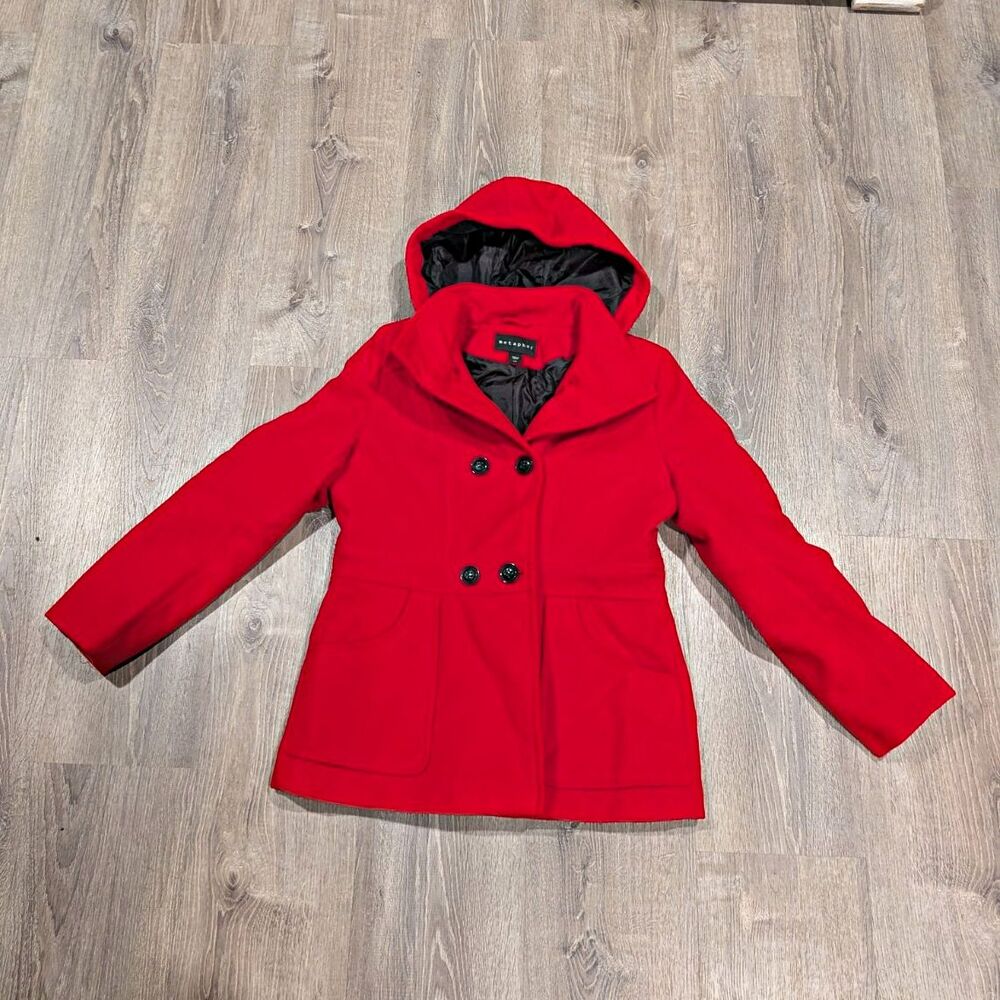 Metaphor Bright Red Double Breasted Hooded Peacoat Winter Jacket Women’s Size L